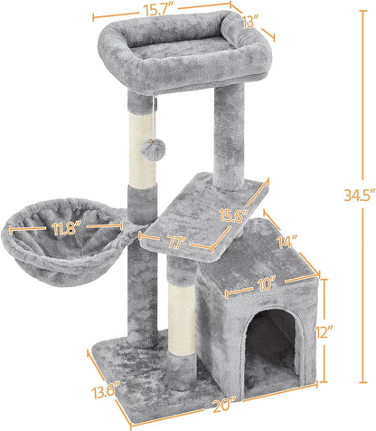 Cat Tree 34In Cat Tower Plush Cover with Condo, Platform & Basket for Indoor Kittens, Cat Furniture Activity Tree