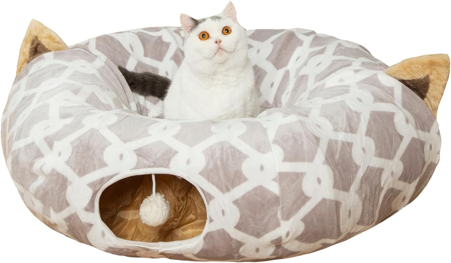 Large Cat Tunnel Bed with Plush Cover,Fluffy Toy Balls, Small Cushion and Flexible Design- 10 Inch Diameter, 3 Ft Length- Great for Cats, and Small Dogs, Gray Geometric Figure